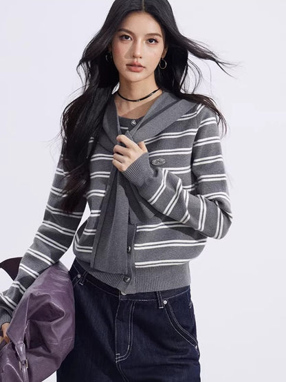 Striped Knit Cardigan &amp; Shawl Two-Piece Set