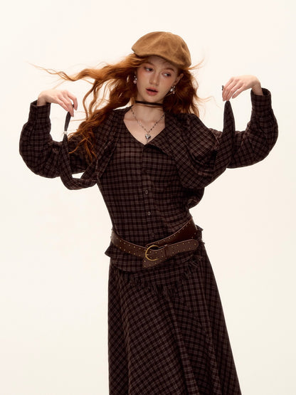 Vintage Plaid Beaded Tie-Scarf Shirt