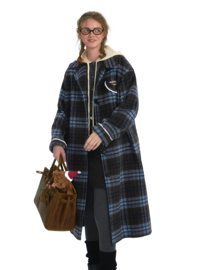 Contrast Plaid Long Woolen Coat