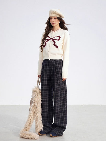 Plaid Fleece-Lined Wide-Leg Trousers