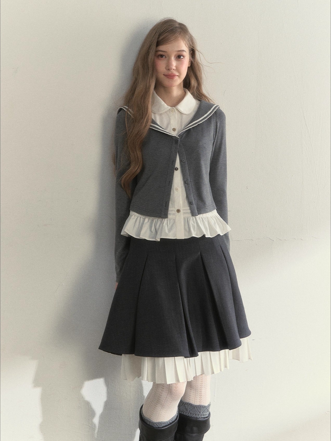 Sailor Collar Academia Style Layered Knit Blouse