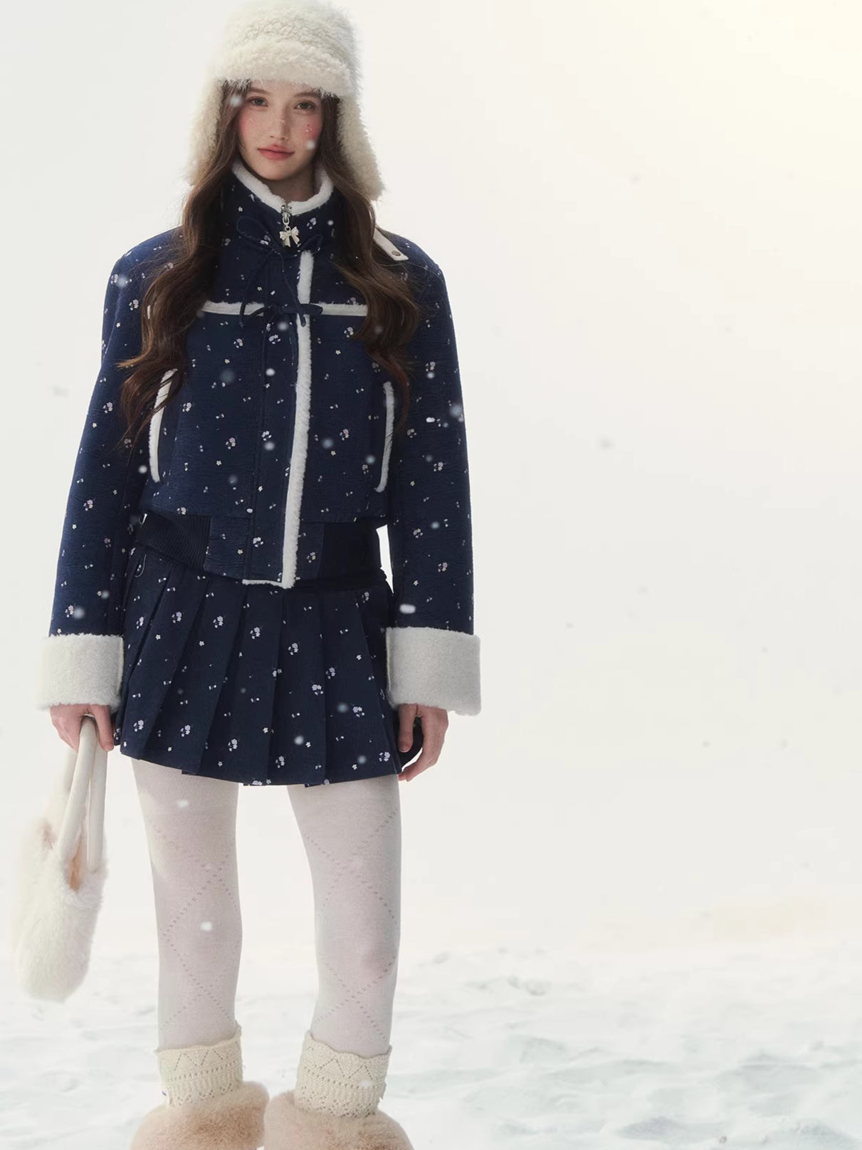 Shearling Patchwork Jacket Pleated Skirt Set