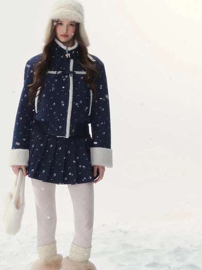 Shearling Patchwork Jacket Pleated Skirt Set