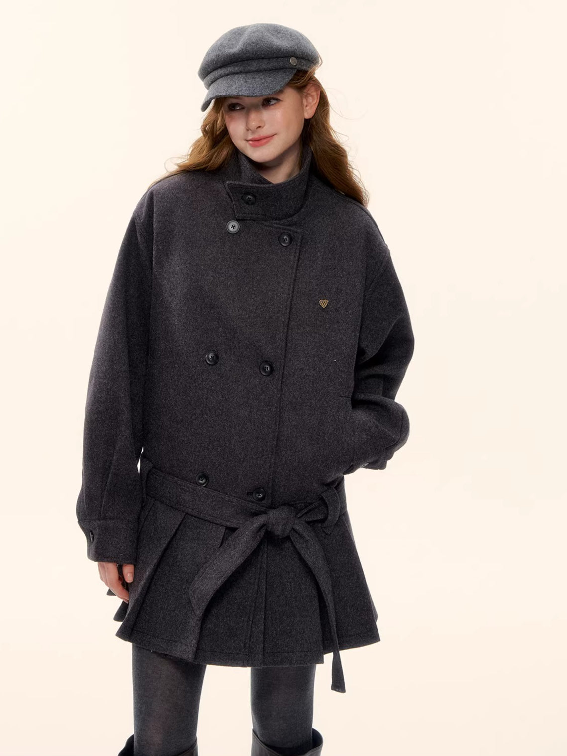 Pleated-Edge Down Wool-Blend Coat