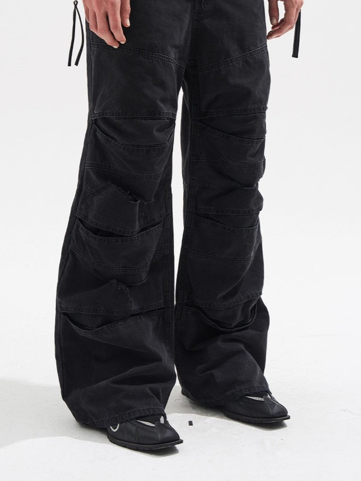 Layered Distressed Washed Loose Fit Denim Jeans