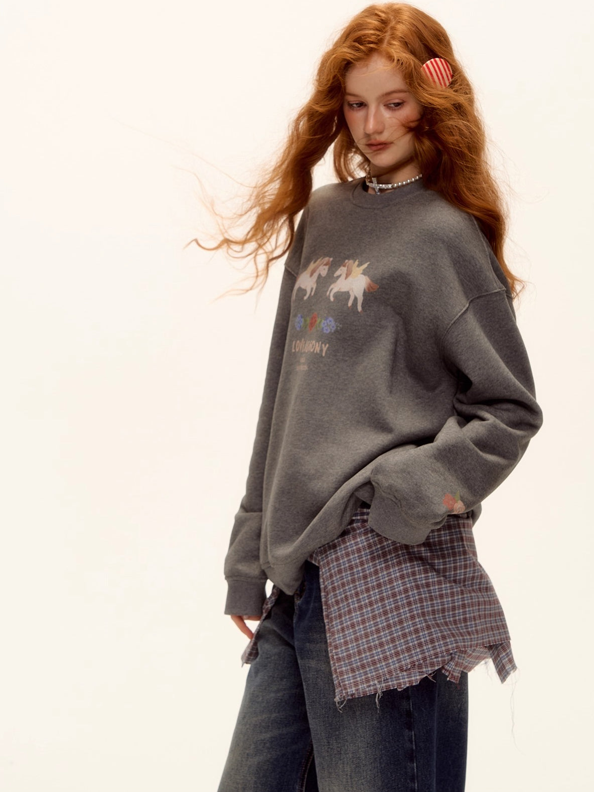 Floral Pony Print Fleece-Lined Pullover Sweatshirt