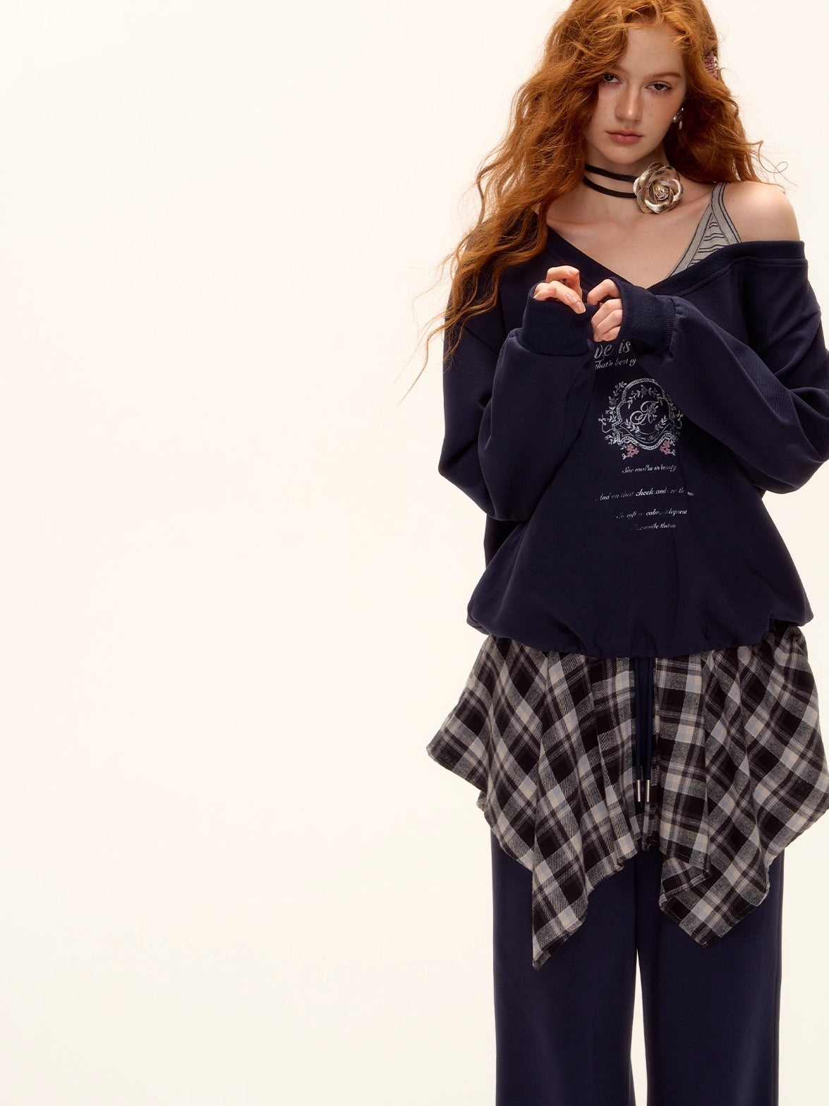 Asymmetric Shoulder Striped Fleece Tracksuit Set