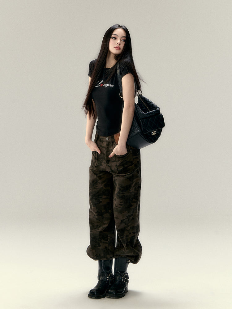 Leopard Print Camo Wide-Leg Cargo Pants