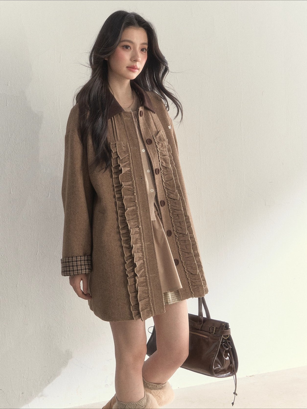 Vintage Khaki Wool Blend Ruffle-Trim Coat