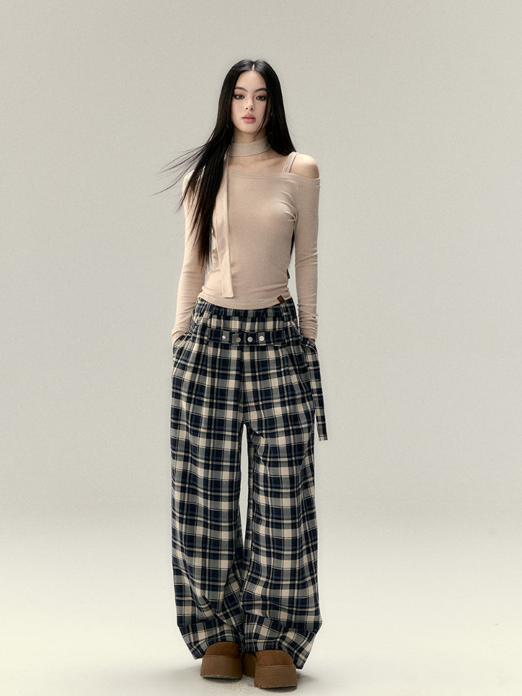 Pleated Belted Plaid Casual Pants