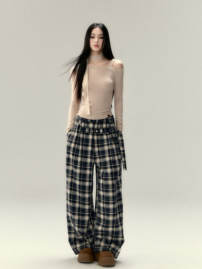 Pleated Belted Plaid Casual Pants