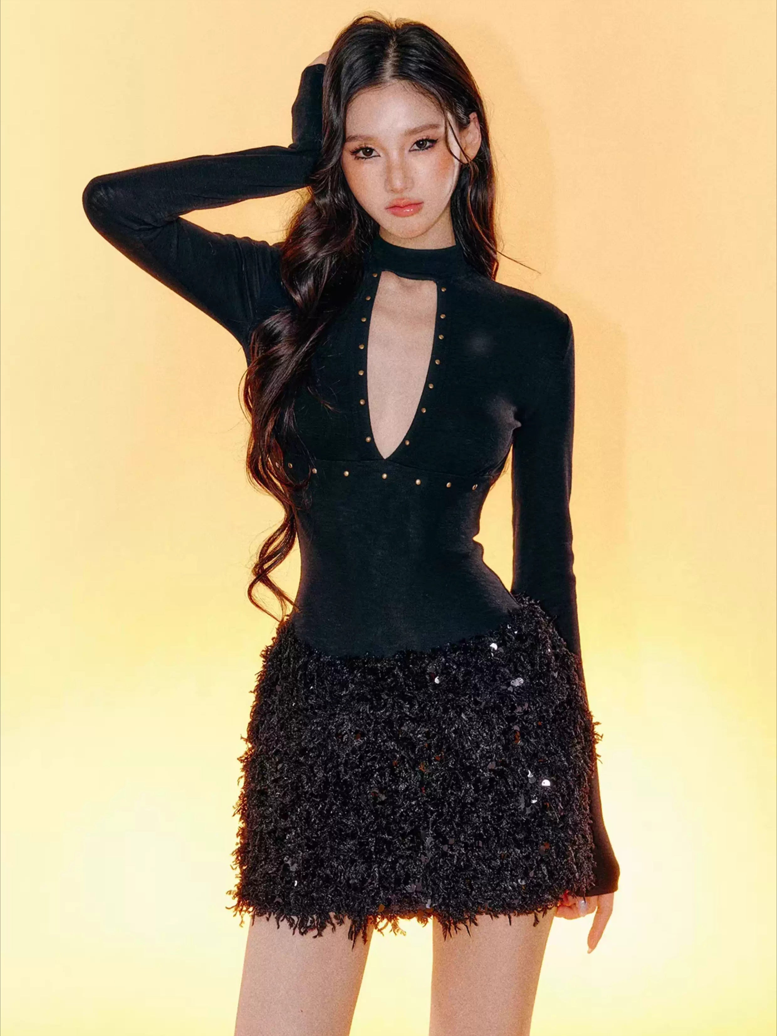 Sequin Cut-Out V-Neck Slim-Fit Dress