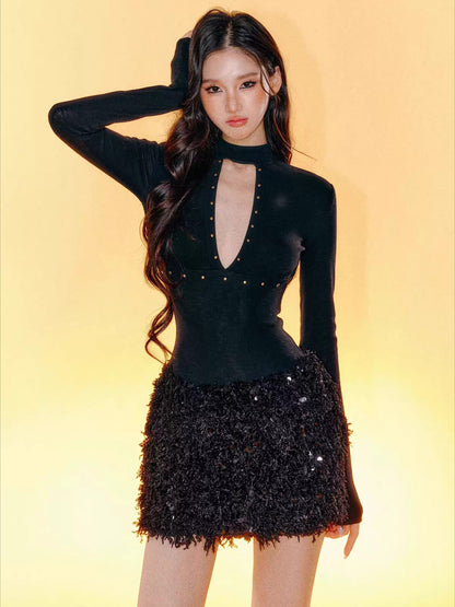 Sequin Cut-Out V-Neck Slim-Fit Dress