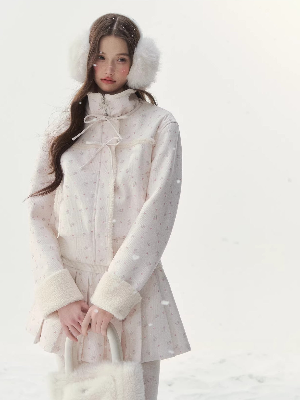 Shearling Patchwork Jacket Pleated Skirt Set