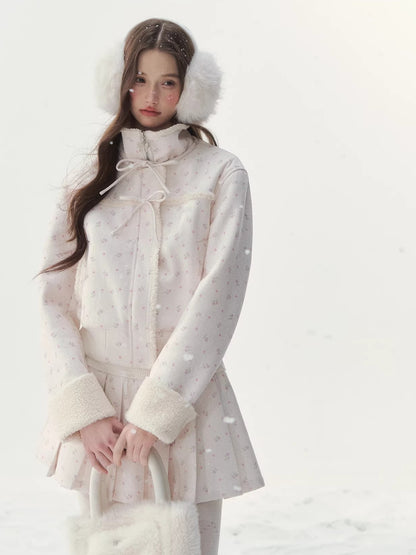 Shearling Patchwork Jacket Pleated Skirt Set