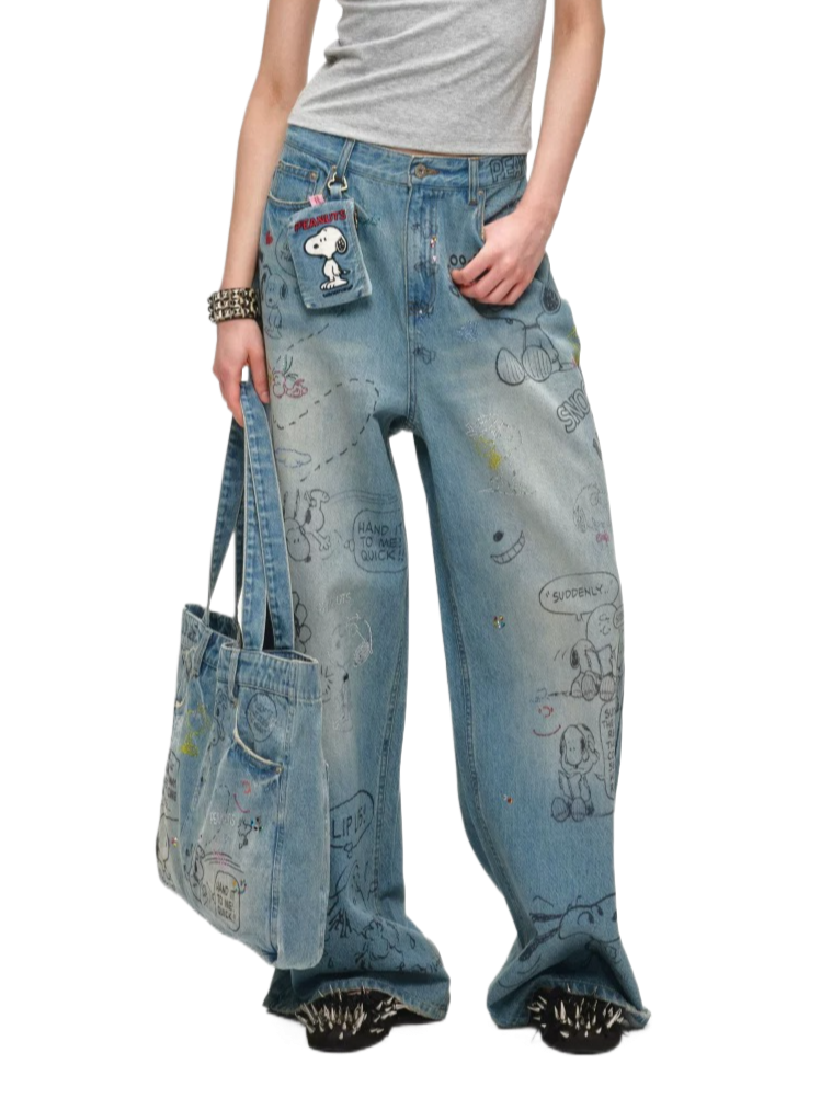 Snoopy Graffiti Crystal-Embellished Washed Denim Jeans