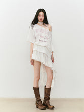 Off-shoulder Letter Hollow-out Spliced T-shirt - CHINASQUAD