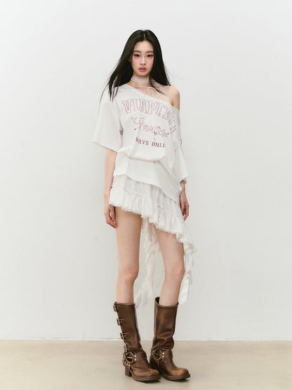 Off-shoulder Letter Hollow-out Spliced T-shirt - CHINASQUAD