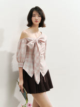Checkered Bow One-Shoulder Asymmetric Waist-Cinching Shirt - CHINASQUAD