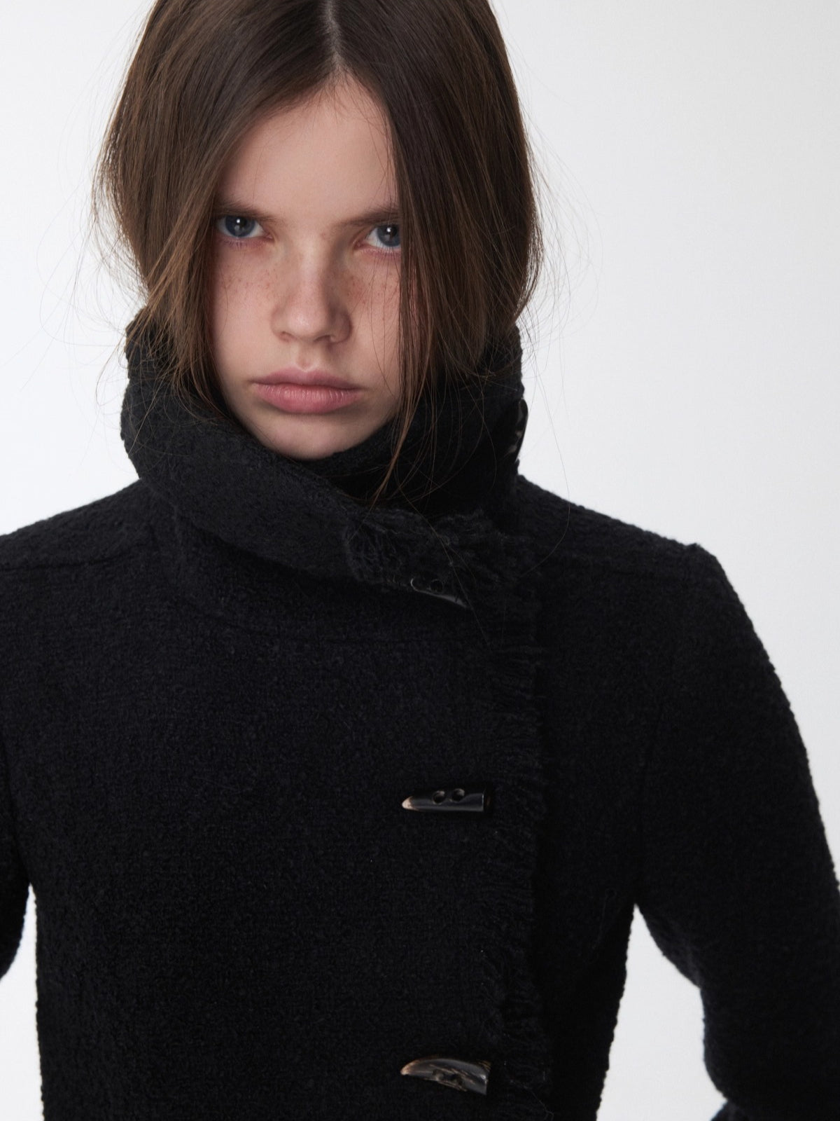 Wool Blend Horn Button High-neck Jacket