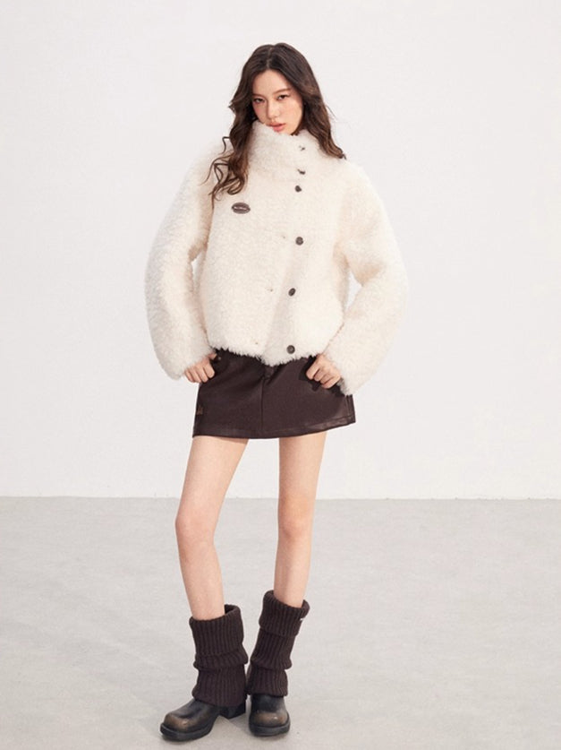 Shearling-Trim Stand-Collar Cropped Jacket