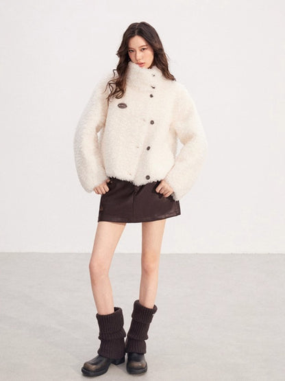 Shearling-Trim Stand-Collar Cropped Jacket