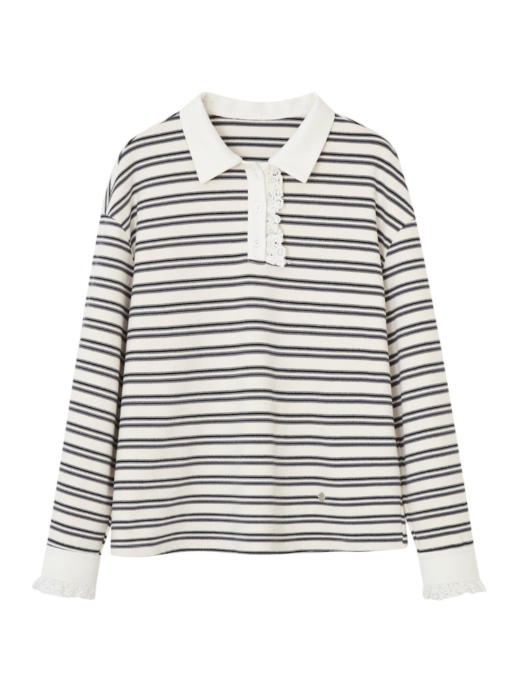 Striped Lace Polo Collar Top