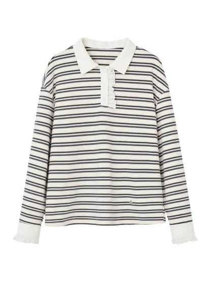 Striped Lace Polo Collar Top