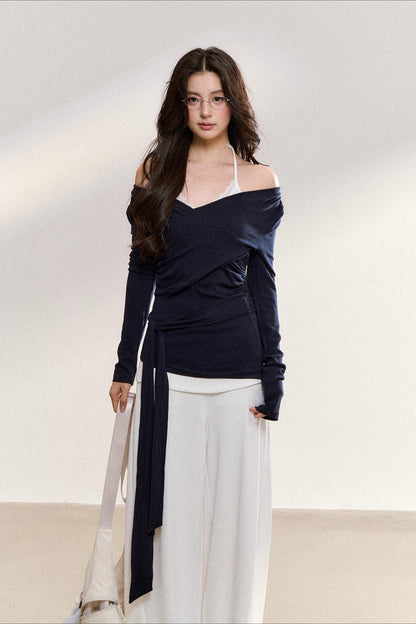 Navy Layered Off-Shoulder Blouse - CHINASQUAD