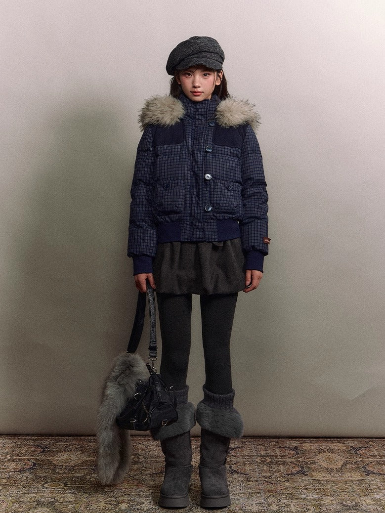 Fuzzy Plaid Down Faux Fur Collar Jacket