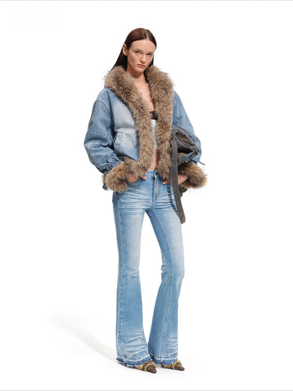 Faux-Fur Trim Washed Denim Jacket