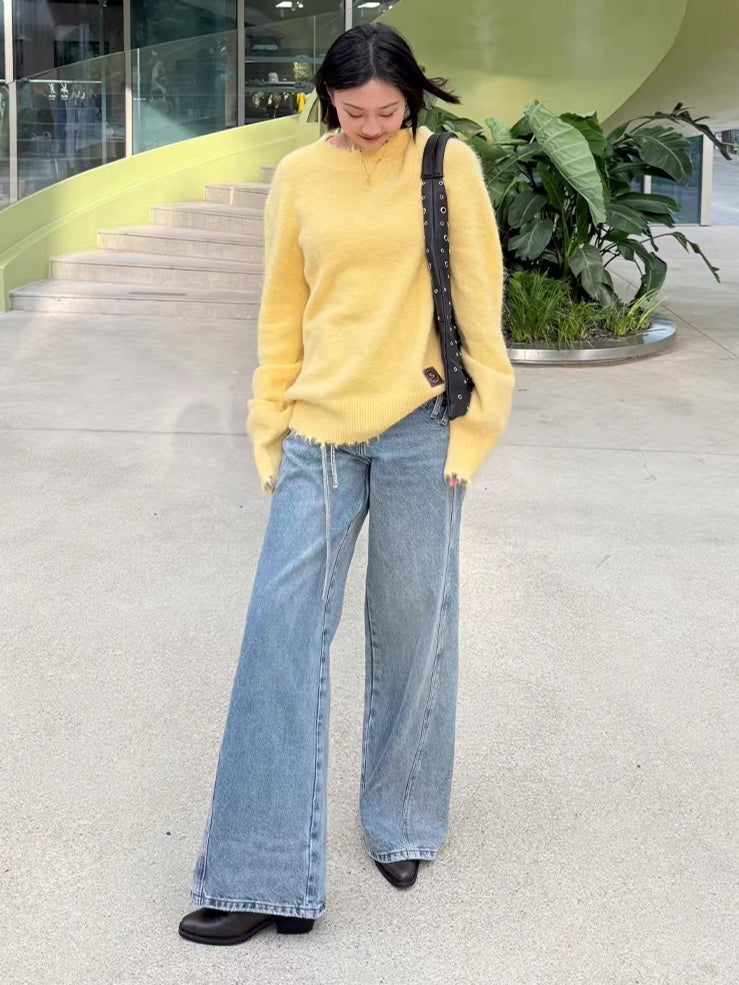 Asymmetric Tie-Detail Loop-Tab Denim Jeans