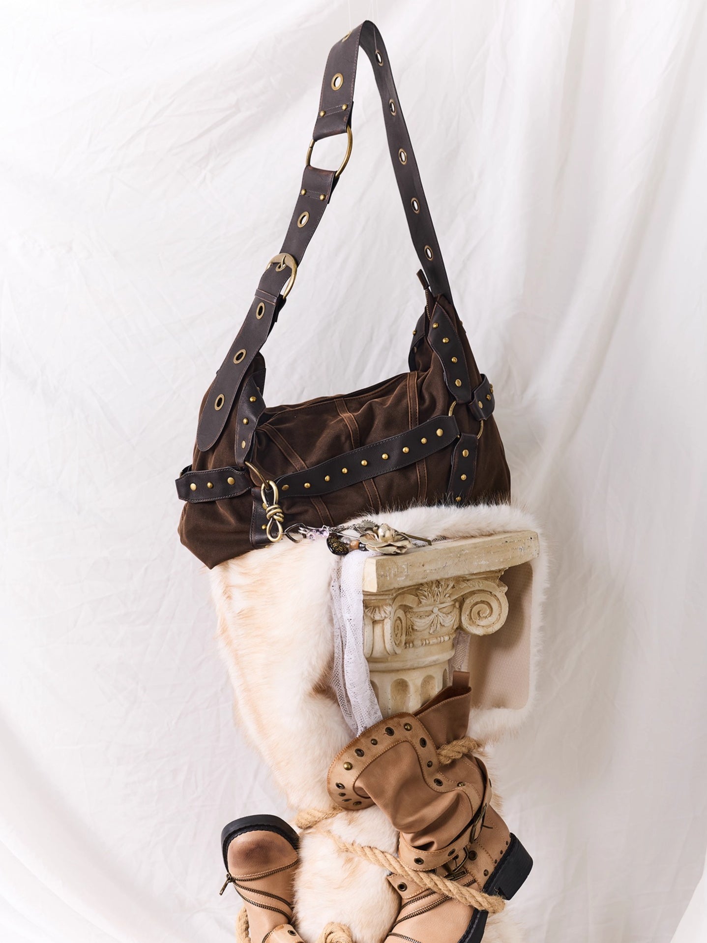 Vintage Studded Wide-Strap Crossbody Bag