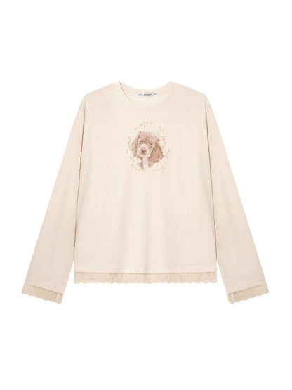 Lace Panel Animal Print Long-Sleeve Tee - CHINASQUAD