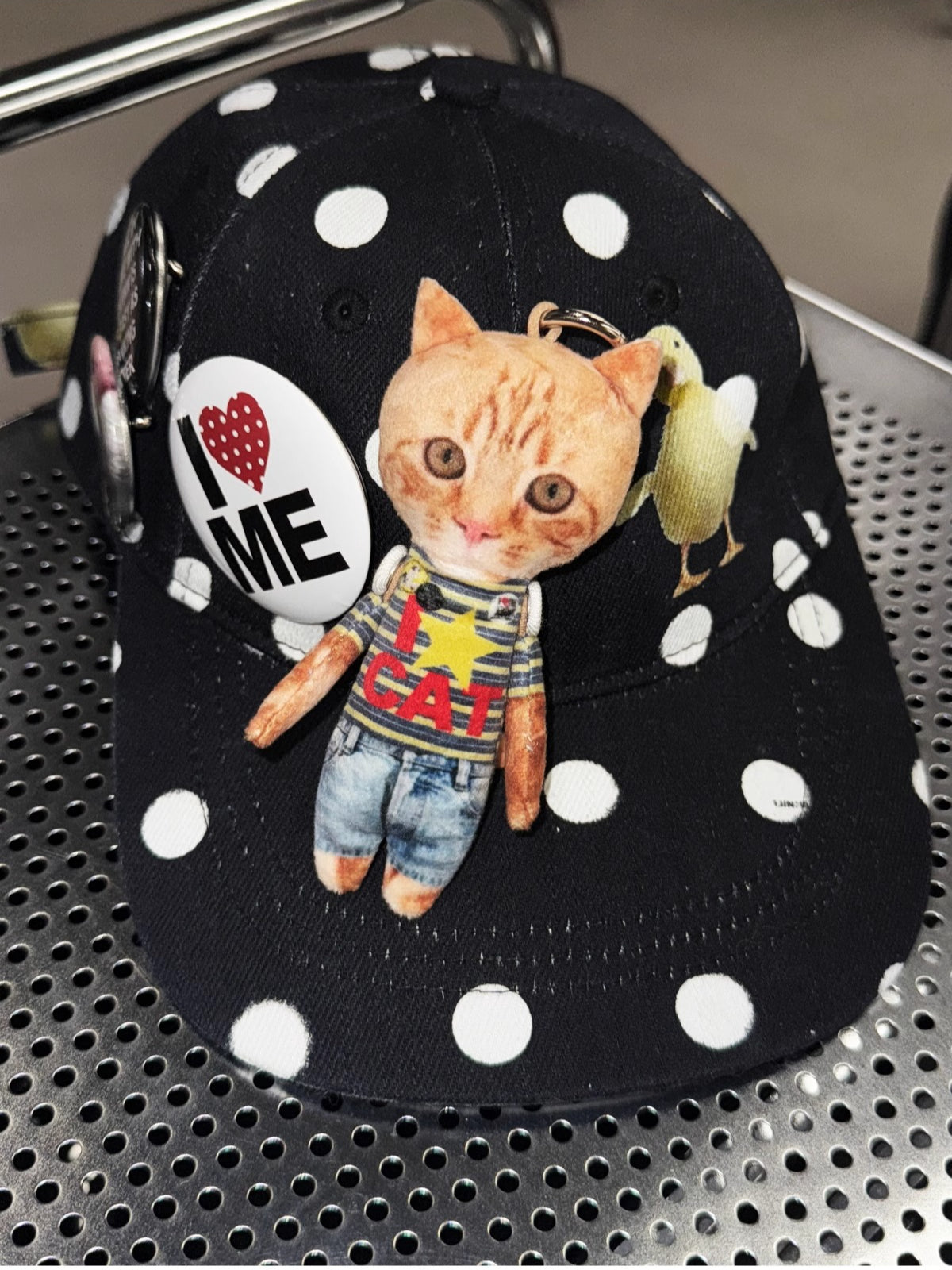 Badge-Embellished Black &amp; White Polka Dot Canvas Flat-Brim Baseball Cap - CHINASQUAD