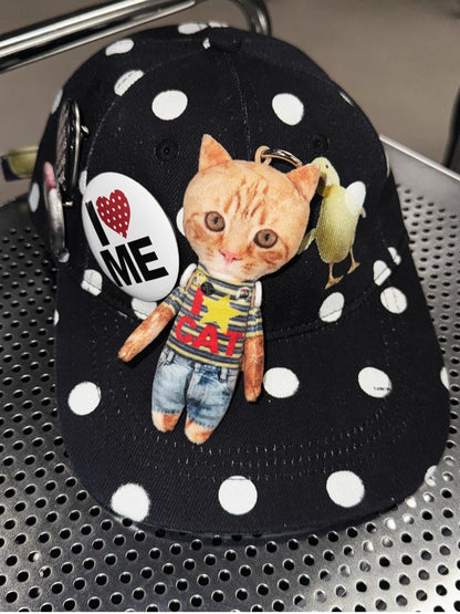 Badge-Embellished Black &amp; White Polka Dot Canvas Flat-Brim Baseball Cap - CHINASQUAD
