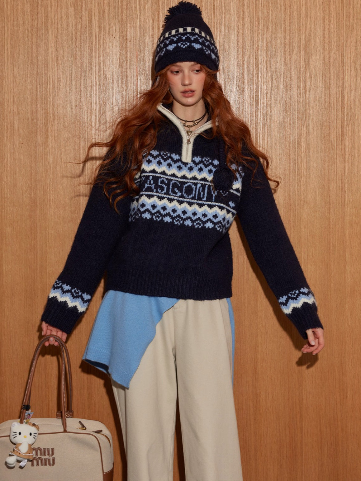 Fair Isle Heart Zip-Up Matching Hat Knit Sweater