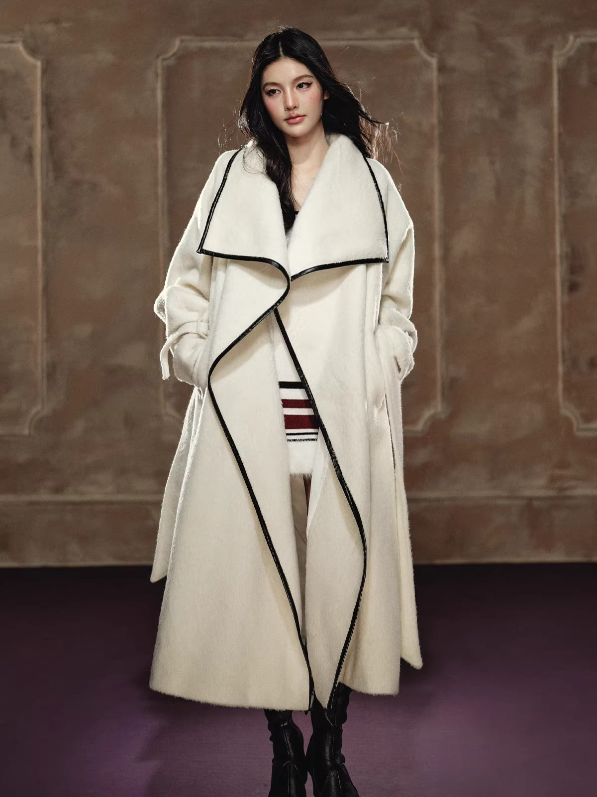 Wool-Blend Long Coat &amp; Striped Slip Dress Set