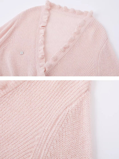 Deep V-Neck Ruffle Waist Cardigan