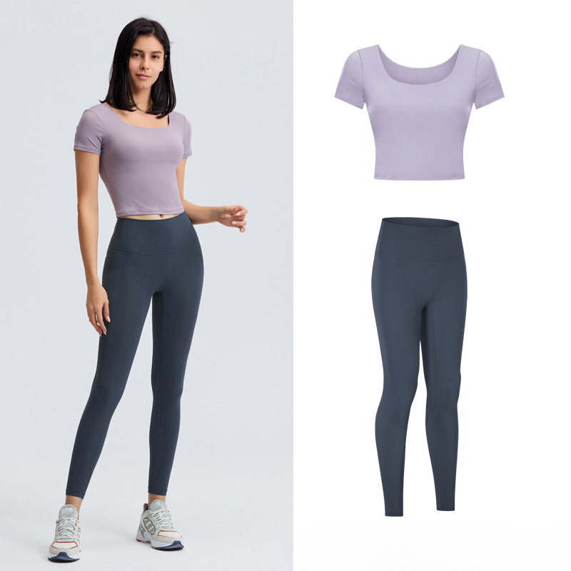 Square-neck Padded Yoga Fitness Top &amp; Seamless Yoga Pants Set