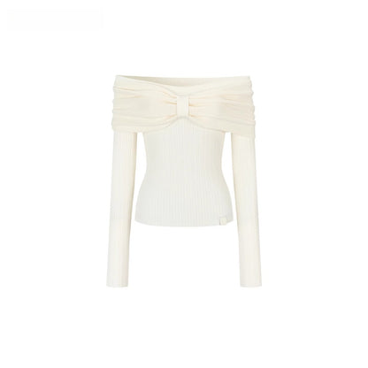 Off-Shoulder Bow Detail Knit Crewneck