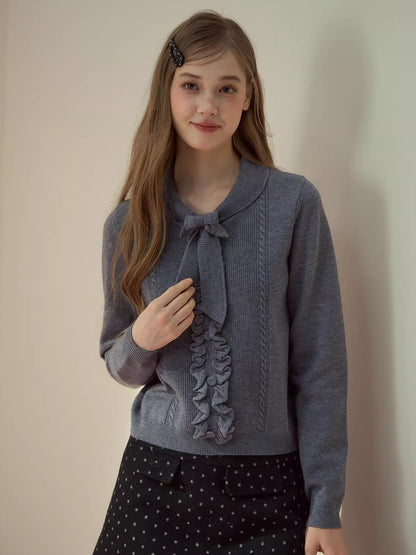 Ruffle Trim Bow Wool Sweater
