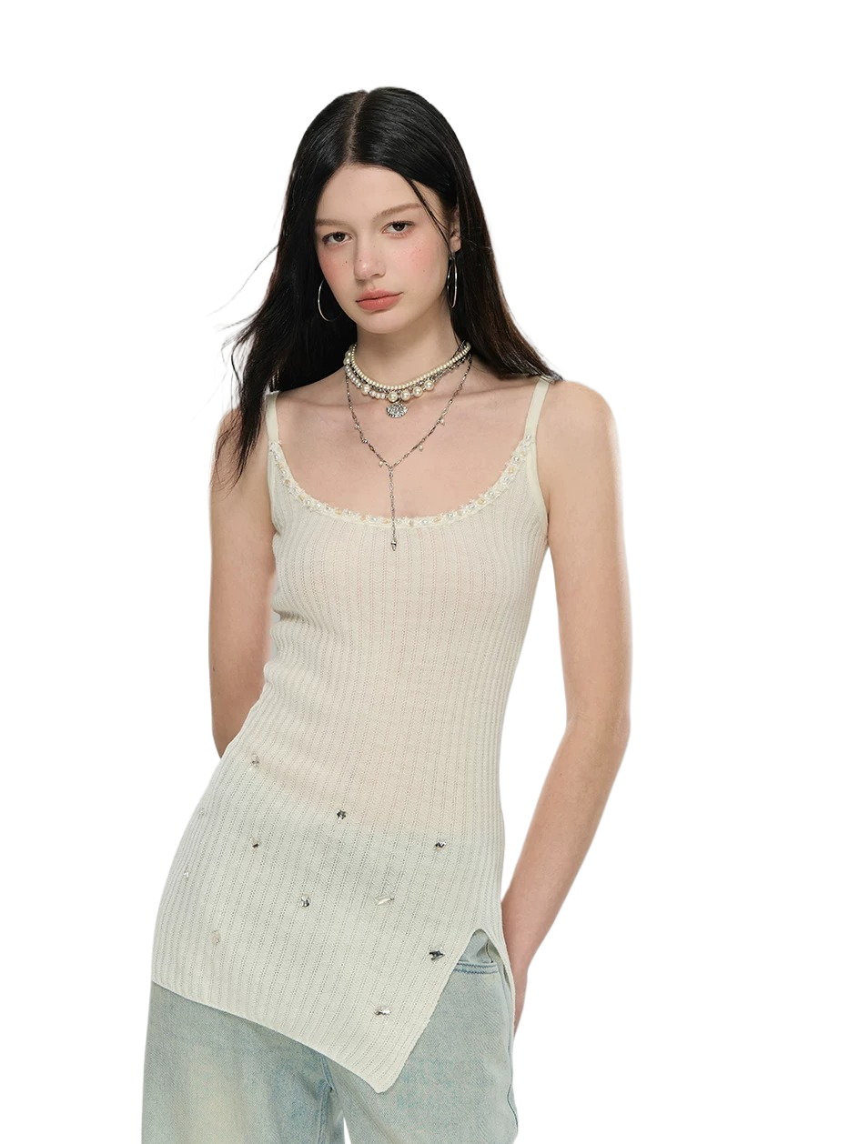 Crystal-Embellished Ribbed Knit Side-Slit Camisole Dress