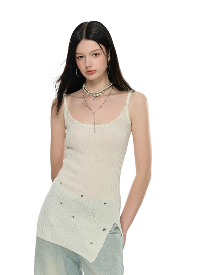 Crystal-Embellished Ribbed Knit Side-Slit Camisole Dress