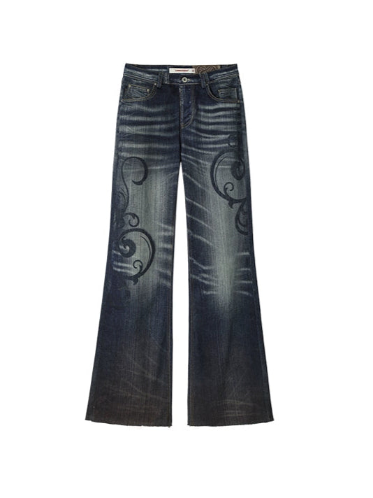 Blue Washed Distressed Straight-leg Jeans