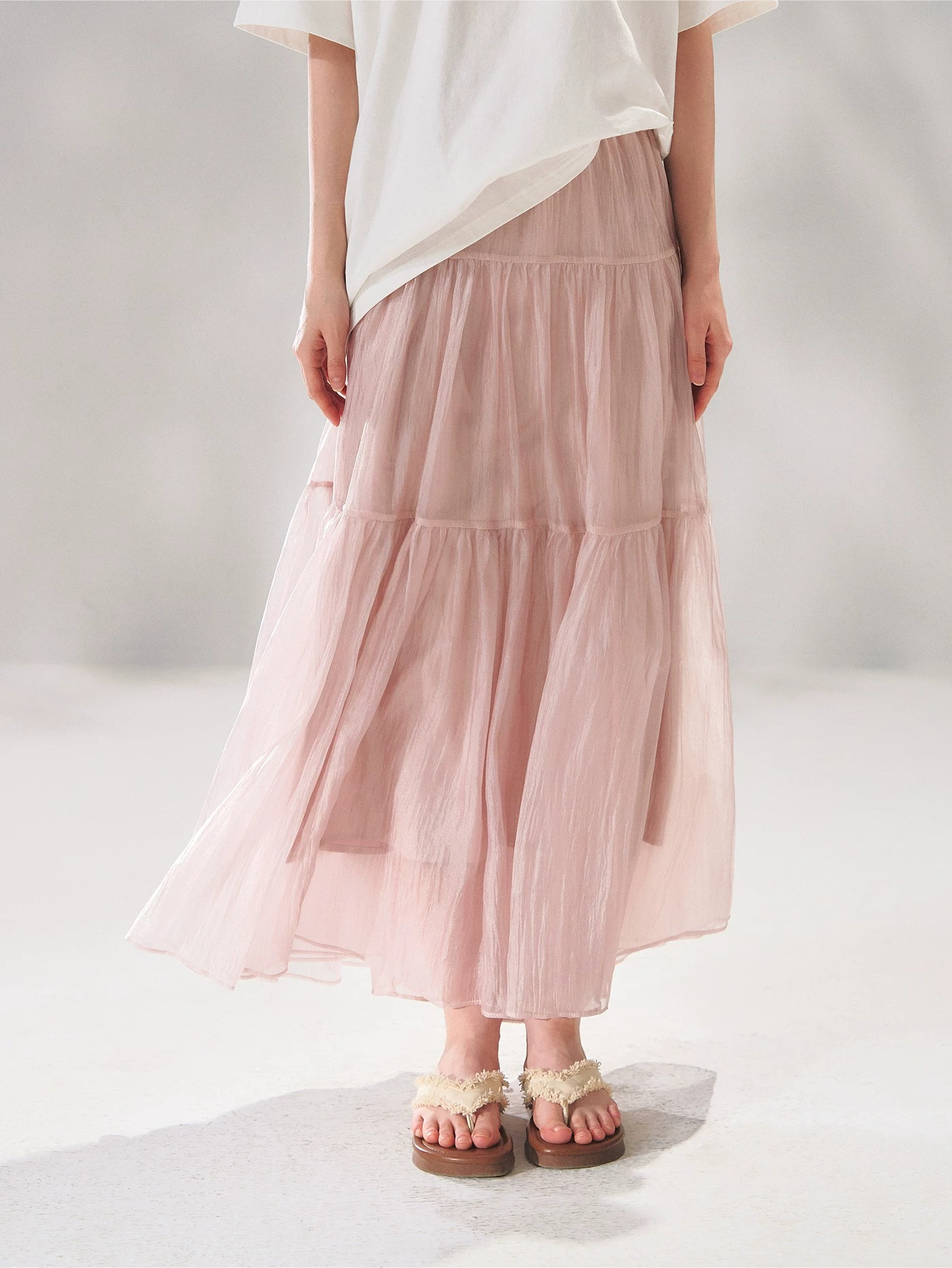 Pearlescent Textured Tiered A-Line Midi Skirt