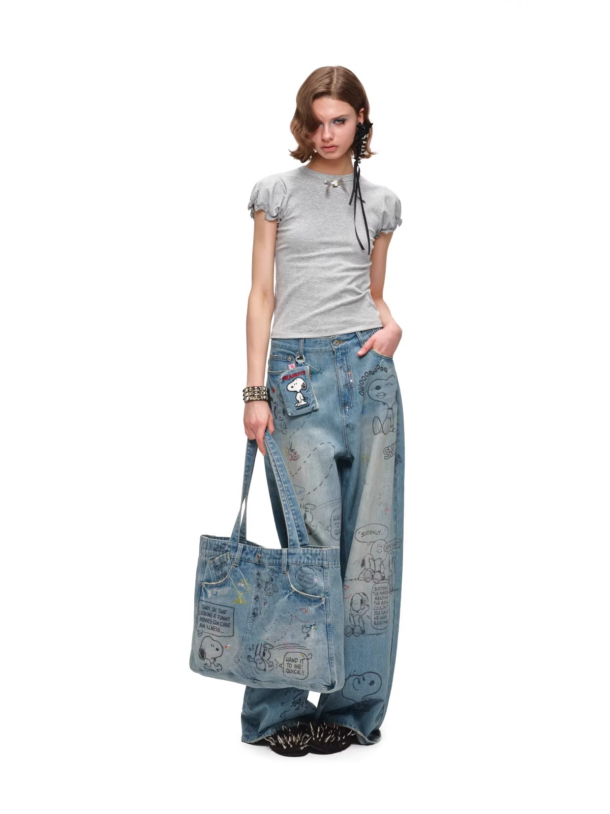Snoopy Graffiti Crystal-Embellished Denim Tote Bag