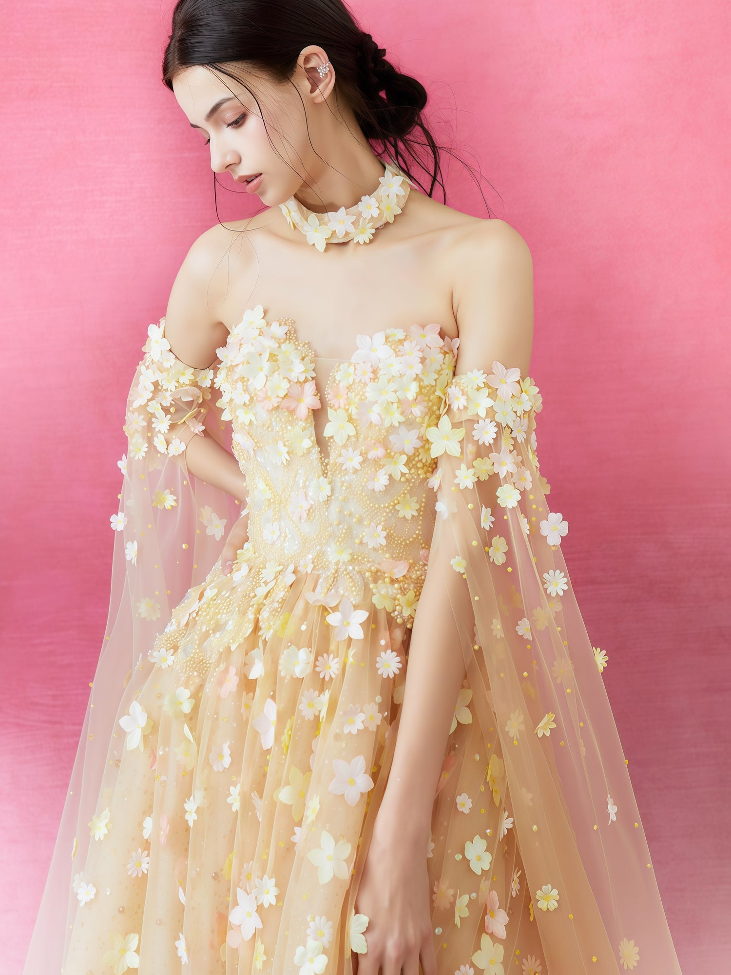 Champagne Floral Embroidered Tulle Ball Gown with Cape
