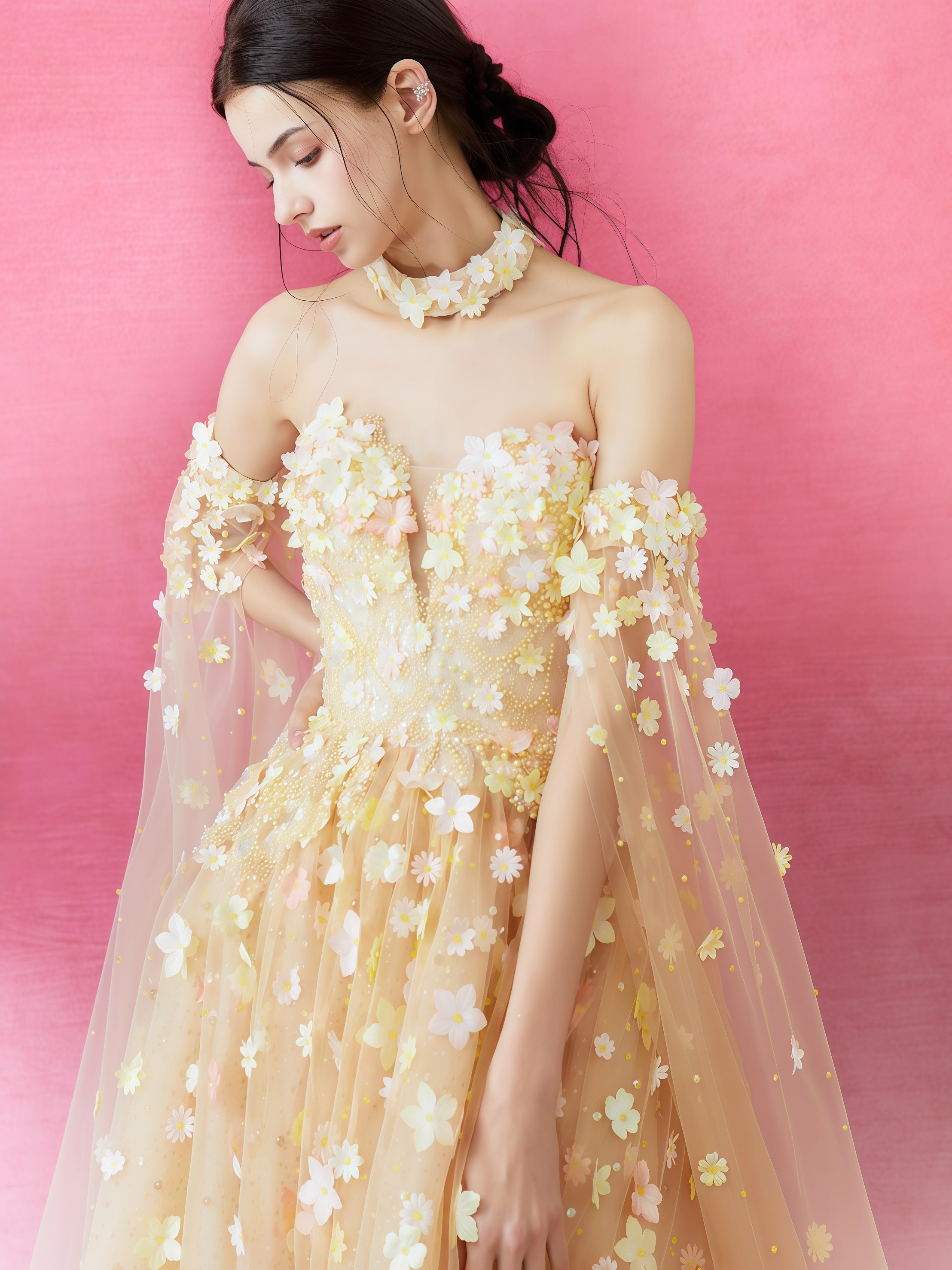 Champagne Floral Embroidered Tulle Ball Gown with Cape
