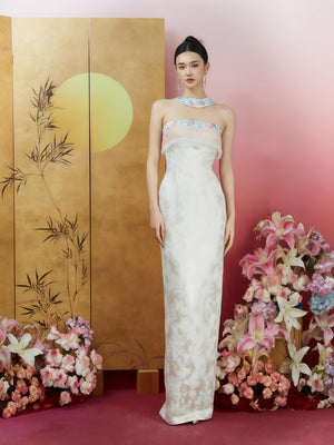 Ethereal Ivory Strapless Embroidered Gown with Detachable Flowing Train